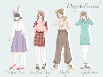 4girls animal_ears animification bear_ears brown_eyes brown_hair character_name copyright_name dress duffy_and_friends duffy_the_disney_bear full_body gelatoni humanization long_hair long_sleeves looking_at_viewer multiple_girls rabbit_ears shelliemay shirayukinko_lol shirt short_hair skirt smile standing stellalou