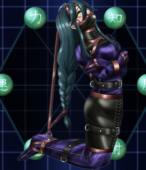 1girl arms_across_body bdsm belt belt_buckle bound bound_arms bound_legs braid buckle crossed_arms devil_summoner:_soul_hackers devil_summoner_(series) facebind_(megami_tensei) falalalalalalal gag_harness gagged genderswap genderswap_(mtf) green_eyes green_hair hair_bondage highres humanization legbinder long_hair looking_at_viewer neck_corset original posture_collar solo straitjacket very_long_hair