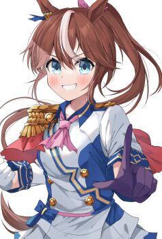 1girl animal_ears black_gloves blue_eyes blush commentary_request gloves highres horse_ears horse_girl long_hair looking_at_viewer multicolored_hair nekoshima_kaede official_alternate_costume pointing pointing_at_viewer ponytail shirt skirt smile solo streaked_hair tokai_teio_(beyond_the_horizon)_(umamusume) tokai_teio_(umamusume) umamusume white_background white_gloves white_shirt white_skirt white_streaks