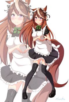 1girl animal_ears apron black_dress black_thighhighs blush breasts brown_hair closed_mouth dress hair_between_eyes heart heart_hands highres horse_ears horse_girl horse_tail long_hair looking_at_viewer maid maid_apron maid_headdress masaki_(masaki_470) medium_breasts multicolored_hair purple_eyes short_sleeves streaked_hair symboli_rudolf_(umamusume) tail thighhighs umamusume white_apron white_hair white_headdress zoom_layer