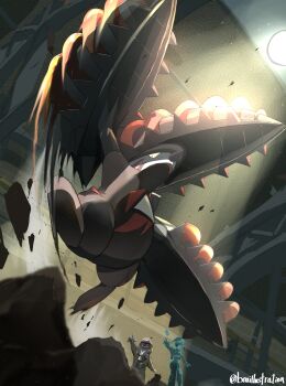 1boy 1girl absurdres artist_name bad_tag bo_(bouillustration) brown_fur brown_helmet canari_(pokemon) claws dot_pupils excadrill facial_hair gen_5_pokemon grandfather_and_granddaughter helmet highres hologram horns light_rays long_claws long_horns mask mega_excadrill mega_pokemon mole_(animal) mouth_mask nintendo old old_man pokemon pokemon_(creature) pokemon_focus pokemon_legends:_z-a single_horn tarragon_(pokemon) v-shaped_eyes