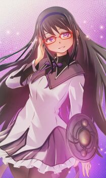 Rule 34 | 1girl, absurdres, akemi homura, akemi homura (magical girl), argyle clothes, argyle pantyhose, black hair, black hairband, commentary request, frilled skirt, frills, glasses, hairband, highres, long hair, looking at viewer, magical girl, mahou shoujo madoka magica, mahou shoujo madoka magica (anime), purple eyes, purple skirt, red-framed eyewear, reiwanoshiro, shield, skirt, solo