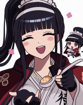 Rule 34 | 1girl, :d, ^ ^, black gloves, black hair, blush stickers, cape, chibi, chibi inset, closed eyes, commentary request, dougi, facing viewer, fingerless gloves, food, gloves, hairband, happy aura, highres, holding, holding spoon, incoming food, long hair, magadori kyoshika, open mouth, ponytail, red cape, sheath, sheathed, smile, spoon, sword, teeth, the hundred line -last defense academy-, upper body, upper teeth only, weapon, white background, white hairband, youuu20