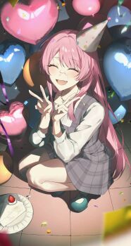 Rule 34 | 1girl, absurdres, balloon, bang dream!, bang dream! it's mygo!!!!!, blue shoes, blush, cake, chihaya anon, closed eyes, commentary, confetti, double v, dress, fang, food, food on face, grey dress, hat, heart balloon, highres, long hair, mikan (migwang), open mouth, party hat, pinafore dress, pink hair, plaid clothes, plaid dress, shoes, sleeveless, sleeveless dress, solo, squatting, v