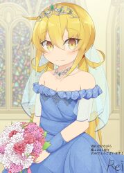 Rule 34 | 1girl, absurdres, artist name, blonde hair, blue dress, bouquet, collarbone, crescent, dress, etsuransha no rei, flower, highres, holding, holding bouquet, indoors, kantai collection, long hair, off-shoulder dress, off shoulder, satsuki (kancolle), solo, stained glass, tiara, twintails, veil, yellow eyes