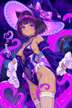 1girl absurdres animal_ears breasts cat_ears choker collarbone dark_skin detached_sleeves finn_flint frilled_leotard frilled_sleeves frills garter_straps gloves groin hat highres leotard looking_at_viewer medium_breasts medium_hair navel original purple_choker purple_eyes purple_hair see-through_clothes skindentation tan tentacles thighhighs white_thighhighs witch witch_hat