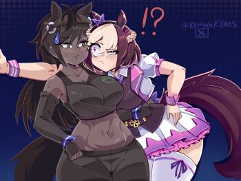 !? 2girls :/ animal_ears arm_up bare_arms bare_shoulders black_hair blush bow braid breasts bridle brown_eyes brown_gloves brown_hair brown_pants brown_sleeves brown_sports_bra brown_thoroughbred_(kemono_friends) cleavage closed_mouth commentary constricted_pupils cowboy_shot cropped_jacket crossover curvy dark-skinned_female dark_skin detached_sleeves ear_bow extra_ears fingerless_gloves frilled_skirt frills furrowed_brow gloves hair_between_eyes half-closed_eye half_up_braid hand_on_own_hip hand_on_wall highres horse_ears horse_girl horse_tail jacket japan_racing_association kemono_friends kemono_friends_3 kemonokiller large_breasts leaning_forward leaning_to_the_side long_hair looking_at_another medium_hair miniskirt multicolored_hair multiple_girls navel open_clothes open_jacket outstretched_arm pants pink_eyes purple_bow raised_eyebrow shirt short_sleeves skirt special_week_(special_dreamer)_(umamusume) special_week_(umamusume) species_connection sports_bra stomach sweatdrop tail thighhighs two-tone_hair umamusume uneven_eyes untranslatable_commentary very_dark_skin white_hair wrist_cuffs yoga_pants zettai_ryouiki