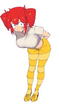 Rule 34 | birdbrain (synthesizer v), breasts, crocs, dochi pi, drill hair, highres, kasane teto, kasane teto (sv), large breasts, navel, red eyes, red hair, shirt, short sleeves, shorts, striped clothes, striped thighhighs, thighhighs, twin drills, utau, white background, white shirt, yellow shorts, yellow thighhighs