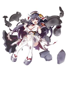 1girl ;o akaneya black_hair breasts cleavage detached_sleeves female_focus full_body hair_ornament hand_on_own_chest large_breasts long_hair looking_at_viewer morioka_(oshiro_project) official_art okobo one_eye_closed oshiro_project:re pantyhose platform_sandals red_eyes sandals shachihoko solo thick_eyebrows torn_clothes torn_pantyhose transparent_background white_pantyhose