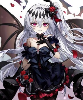 1girl absurdres bare_shoulders bat_wings black_bow black_bowtie black_dress black_gloves bow bowtie breasts cleavage commentary_request commission cowboy_shot demon_girl dress falling_petals flower gloves hair_flower hair_ornament highres kunai long_hair looking_at_viewer mare_(ac8231) medium_breasts one_side_up original pantyhose petals red_eyes red_flower red_rose rose rose_petals second-party_source shionty skeb_commission solo vampire weapon white_hair wings