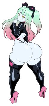 1girl alternate_hairstyle artificial_eye ass black_thighhighs colored_sclera cropped_jacket cyberpunk_(series) cyberpunk:_edgerunners eyewear_on_head from_behind gradient_hair green_eyes green_hair gun high_heels highleg highleg_panties highres long_hair looking_back mechanical_eye multicolored_hair neck_tattoo panties pink_footwear pink_hair pink_tattoo platform_footwear platform_heels rebecca_(cyberpunk) red_sclera redesign shrug_(clothing) side_ponytail simple_background smile standing tattoo thecon thick_thighs thighhighs thighs underwear weapon white_background wide_hips