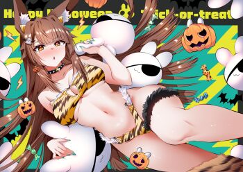 1girl animal_ear_fluff animal_ears animal_print bare_legs bare_shoulders bikini black_choker breasts brown_hair choker cleavage clothing_cutout facial_mark heart_cutout highres long_hair looking_at_viewer medium_breasts navel open_mouth orange_eyes original rabbit_ears solo spiked_choker spikes stomach strapless strapless_bikini stuffed_animal stuffed_rabbit stuffed_toy swimsuit tiger_print usagihime very_long_hair yellow_bikini