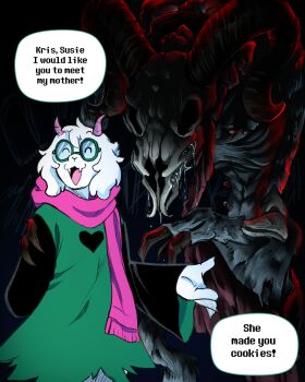 absurdres artsyrean claws closed_mouth deltarune english_text fangs glasses goat goat_boy goat_skull highres monster pink_scarf ralsei scarf utdr_(toby_fox)