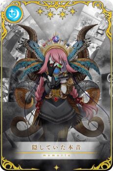 1girl artist_request asymmetrical_gloves black_gloves blue_wings braid brown_corset brown_eyes card_(medium) circlet colored_skin corset covered_mouth cowboy_shot cropped crown detached_sleeves dress empty_eyes feathered_wings film_strip fringe_trim game_cg gem gloves gold_crown gold_ring grey_background grey_dress grey_gloves grey_mask grey_skin grey_sleeves hair_ribbon hands_on_own_face head_wings himuro_lavi himuro_lavi_(kimochi_ver.) jewelry long_hair long_sleeves looking_at_viewer low_twin_braids magia_record:_mahou_shoujo_madoka_magica_gaiden mahou_shoujo_madoka_magica mask mismatched_gloves mouth_mask multiple_rings multiple_wings official_alternate_costume official_art picture_frame pink_hair red_gemstone red_ribbon ribbon ring short_dress short_sleeves single_detached_sleeve solo star_(symbol) straight-on translated twin_braids very_long_hair wings