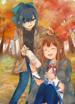 2girls :d ^_^ a-chan_(hololive) autumn black_sweater blue_bow blue_eyes blue_hair blue_pants blue_shirt blue_thighhighs blue_vest bottle bow brown_hair brown_jacket closed_eyes commentary_request denim ds_(ndsl) glasses grey_jacket hair_bow hair_ornament holding holding_bottle holding_leaf hololive jacket jeans leaf multiple_girls open_clothes open_jacket open_mouth pants shirt sitting smile star_(symbol) star_hair_ornament sweater teeth thighhighs tokino_sora tokino_sora_(1st_costume) tongue upper_teeth_only vest virtual_youtuber white_wrist_cuffs wrist_cuffs