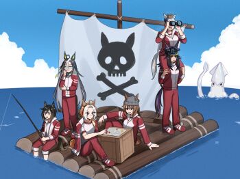 6+girls ahoge animal_ears beanie binoculars black_hair blue_eyes blue_sky blunt_bangs board_game bow breasts brown_eyes brown_hair brown_hat closed_mouth crate dream_journey_(umamusume) ear_bow ear_covers ear_ornament ears_through_headwear fenomeno_(umamusume) fishing fishing_rod flipped_hair giant_squid glasses gold_ship_(umamusume) grey_hair grey_hat gym_shirt gym_uniform hair_between_eyes hat highres himo_(user_rzgz5877) holding holding_binoculars holding_fishing_rod horse_ears horse_girl horse_tail jacket lollipop_in_mouth long_hair long_sleeves multicolored_hair multiple_girls nakayama_festa_(umamusume) ocean open_mouth orange_hair orfevre_(umamusume) outdoors pants peaked_cap pillbox_hat ponytail purple_eyes purple_hair raft red_jacket red_pants red_track_suit sail shirt short_sleeves single_ear_cover sitting sitting_on_shoulder skull_and_crossbones sky smile squid stay_gold_(umamusume) stay_gold_clan_(umamusume) streaked_hair tail tracen_training_uniform track_jacket track_pants track_suit two-tone_hair umamusume water white_hair white_shirt
