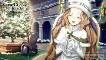 1girl ^_^ arch belt blush brown_hair bush capelet christmas christmas_ornaments christmas_tree closed_eyes coat code_geass code_geass:_lost_stories commentary_request cupping_hands f4samurai facing_viewer fur-trimmed_capelet fur-trimmed_sleeves fur_hat fur_trim gloves glowing grass green_ribbon hands_up happy hat hat_ornament hat_ribbon highres light_blush long_hair multiple_views night nunnally_vi_britannia official_art open_mouth outdoors own_hands_together papakha pocket powered_wheelchair ribbon sidelocks sitting smile snow snowing sparkle upper_body very_long_hair wheelchair white_capelet white_coat white_gloves white_hat white_ribbon winter_clothes