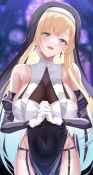 1girl absurdres aizawa_ema black_sleeves blonde_hair blue_eyes blue_hair breast_curtains breasts commentary_request cross cross_earrings detached_sleeves earrings garter_belt gradient_hair highres interlocked_fingers jewelry kaeha long_hair multicolored_hair nun open_mouth own_hands_clasped own_hands_together see-through_cleavage see-through_clothes solo virtual_youtuber vspo!