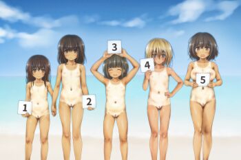 5girls arms_up beach black_eyes black_hair blonde_hair blue_eyes blue_sky blush breasts brown_eyes brown_hair cleft_of_venus closed_eyes closed_mouth completely_nude esan_(llamaesan) feet_out_of_frame flat_chest highres holding holding_sign loli long_hair medium_breasts medium_hair multiple_girls navel nipples nude ocean one-piece_tan open_mouth oppai_loli original outdoors pussy short_hair sign sky standing tan tanline uncensored