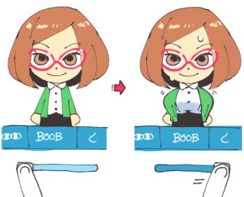 1girl alternate_breast_size arrow_(symbol) attribute_slider black_skirt bob_cut breast_expansion breast_slider breasts brown_eyes brown_hair cardigan chibi chibi_only collared_shirt dot_nose gameplay_mechanics green_cardigan inkerton-kun large_breasts looking_at_viewer mii_(nintendo) multiple_views nikki_(swapnote) nintendo parted_bangs pov pov_hands red-framed_eyewear shirt short_hair skirt smile sweat white_shirt