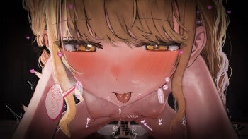 1boy 1girl absurdres bar_censor blonde_hair blush breasts censored commentary_request completely_nude cowgirl_position cum cum_in_pussy cum_overflow fujita_kotone gakuen_idolmaster girl_on_top h.yasai heart hetero highres idolmaster looking_at_viewer nipples nude penis pov small_breasts solo sound_effects speech_bubble straddling tongue tongue_out translation_request trembling variant_set yellow_eyes