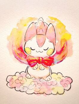 Rule 34 | 1girl, alternate color, animal focus, closed eyes, closed mouth, full body, gen 4 pokemon, nintendo, no humans, non (kumakawayusu), pachirisu, painting (medium), paper texture, pokemon, pokemon (creature), red ribbon, ribbon, shiny pokemon, solo, standing, traditional media, watercolor (medium), white background