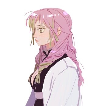 1girl blush cheseely closed_mouth commentary demon_slayer_uniform green_eyes green_hair haori highres japanese_clothes kanroji_mitsuri kimetsu_no_yaiba looking_ahead mole pink_hair profile quad_braids sidelocks simple_background smile solo upper_body white_background