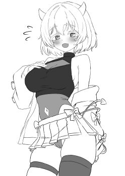 1girl absurdres armpit_crease bare_shoulders blush bodysuit cameltoe clothing_cutout commission cowboy_shot crop_top demon_horns demon_tail greyscale hand_on_own_chest highleg highres horns jacket looking_at_viewer miniskirt monochrome navel navel_cutout off_shoulder oldsickkim open_clothes open_jacket open_mouth original pleated_skirt second-party_source shirt short_hair single_thighhigh skindentation skirt sleeveless sleeveless_shirt smile solo sweatdrop tail thigh_strap thighhighs