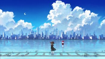 1girl absurdres artist_request black_capelet black_gloves black_hat black_skirt black_vest blonde_hair blue_sky building bus_stop_sign capelet city cityscape cloud commission cookie_(touhou) crescent_moon day elbow_gloves full_body gloves hat highres kirisame_marisa meguru_(cookie) moon outdoors railroad_tracks scenery second-party_source short_hair skirt skirt_set sky solo standing touhou vest water_world witch_hat