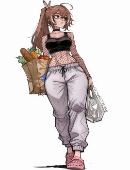 1girl absurdres bag black_choker black_tank_top breasts choker crocs crop_top feather_hair_ornament feathers fishnet_top fishnets grocery_bag hair_between_eyes hair_ornament highres holding holding_bag hololive hololive_english long_hair looking_to_the_side medium_breasts multicolored_hair nanashi_mumei navel orangtheman pants pink_shoes plastic_bag ponytail shoes shopping_bag solo streaked_hair sweatpants tank_top virtual_youtuber