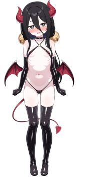 1girl areola_slip bell black_boots black_choker black_gloves boots breasts bright_pupils choker chuugoku_usagi clenched_hands commentary_request demon_girl demon_tail demon_wings elbow_gloves full_body gloves groin hair_bell hair_between_eyes hair_ornament highleg highleg_panties highres jingle_bell loli long_hair_between_eyes looking_at_viewer low_wings navel o-ring o-ring_top panties shiguren_39 simple_background small_breasts solo standing tail tearing_up thigh_boots underwear voicevox white_background white_pupils wings