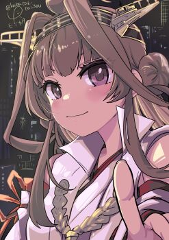 1girl ahoge black_background brown_hair commentary double_bun hair_bun headgear highres index_finger_raised kantai_collection kongou_(kancolle) kongou_kai_ni_(kancolle) lr_hijikata nontraditional_miko popped_collar purple_eyes ribbon-trimmed_sleeves ribbon_trim signature smile solo symbol-only_commentary twitter_username