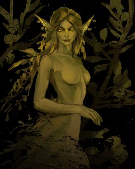 1girl absurdres black_background braid commentary english_commentary green_theme highres light_particles long_hair mermaid monster_girl nude original painterly pointy_ears seaweed simple_background single_braid smile solo twulfs very_long_hair yellow_eyes