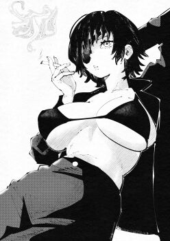 1girl absurdres arm_behind_head bra breasts breasts_apart chainsaw_man choppy_bangs cigarette commentary cowboy_shot eyepatch greyscale highres himeno_(chainsaw_man) holding holding_cigarette jacket large_breasts long_sleeves looking_ahead miregeist monochrome one_eye_covered open_clothes open_jacket open_mouth pants short_hair simple_background smoke smoke_trail smoking solo underboob underwear white_background