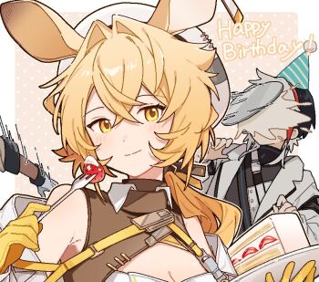 1girl 2boys animal_ears arknights bare_shoulders birthday birthday_cake black_hair black_shirt blonde_hair breasts cake cleavage coat dorothy_(arknights) ear_tag elysium_(arknights) feather_hair food fork fruit gloves happy_birthday hat holding holding_fork holding_plate in_the_face looking_at_viewer maguro_kan mouse_ears mouse_girl multiple_boys party_hat pie_in_face plate red_streaks shirt strawberry strawberry_shortcake thorns_(arknights) throwing throwing_food white_coat white_hat yellow_eyes