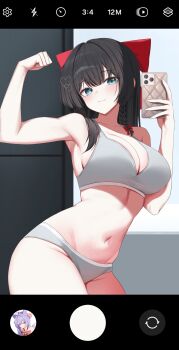 2girls absurdres arm_up armpits bare_shoulders biceps black_hair blue_eyes blush bow bra breasts cellphone cleavage closed_mouth commentary_request cowboy_shot fake_phone_screenshot fake_screenshot flexing grey_bra grey_panties hair_bow hair_ornament hand_up heart heart_hair_ornament highres holding holding_phone korean_commentary large_breasts long_hair looking_at_viewer multiple_girls navel panties phone shirayuki_hina smartphone smile solo_focus spaghetti_strap stellive stomach tenko_shibuki underwear underwear_only virtual_youtuber yt9676