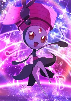 1girl commentary_request full_body gen_5_pokemon legendary_pokemon looking_at_viewer meloetta meloetta_(pirouette) musical_note mythical_pokemon nintendo omega_takai open_mouth orange_eyes outstretched_arms pokemon pokemon_(creature) purple_background solo spread_arms