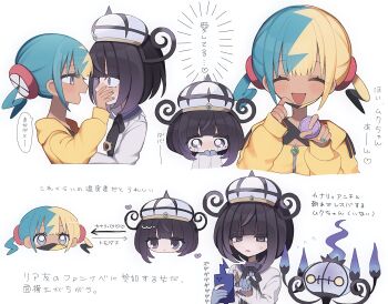 2girls anger_vein black_hair blonde_hair blue_hair blue_nails blunt_bangs bob_cut canari_(pokemon) chandelure coat commentary_request covering_another&#039;s_mouth crying dark-skinned_female dark_skin flying_sweatdrops gen_4_pokemon gen_5_pokemon gradient_hair gwynn_(pokemon) hand_over_another&#039;s_mouth hat heart highres jacket looking_at_another mask mega_stone mouth_mask multicolored_hair multiple_girls multiple_views nintendo pokemon pokemon_(creature) pokemon_legends:_z-a purple_eyes purple_hair rotom rotom_phone shijimii_love short_hair split-color_hair streaming_tears tears translation_request twintails white_coat yellow_jacket yellow_nails yuri