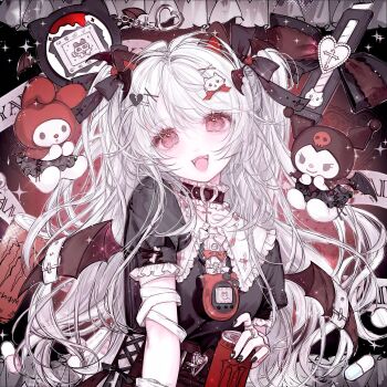 1girl black_nails blood blood_bag bow collar frills hair_bow hair_ornament heart highres holding long_hair looking_at_viewer open_mouth original red_eyes short_sleeves smile solo stuffed_toy upper_body white_hair wings wuyu16