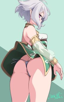 1girl absurdres antenna_hair ass bare_shoulders blush breasts bridal_gauntlets butt_crack commentary_request dress elf from_behind green_dress green_sleeves grey_hair highres kokkoro_(princess_connect!) looking_at_viewer looking_back panties pink_eyes pointy_ears princess_connect! see-through_clothes see-through_sleeves short_hair side-tie_panties small_breasts solo standing umyonge_(lkakeu) underwear white_panties