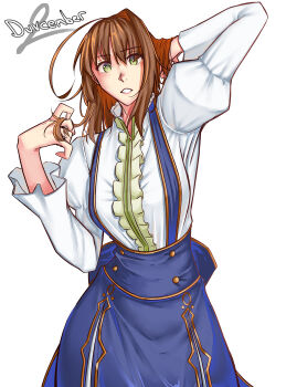 Rule 34 | 1girl, absurdres, ahoge, brown hair, commentary, dated, duvalie, eiyuu densetsu, english commentary, english text, green eyes, hand in own hair, highres, juliet sleeves, long hair, long sleeves, looking at viewer, moren eh, puffy long sleeves, puffy sleeves, sen no kiseki, sen no kiseki (series), sen no kiseki iv, skirt, solo, suspender skirt, suspenders, upper body