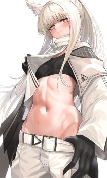 1girl abs animal_ears arknights averting_eyes black_gloves black_sports_bra blush breasts closed_mouth clothes_pull commentary cowboy_shot embarrassed gloves groin horse_ears horse_girl jacket lifting_own_clothes long_hair looking_to_the_side navel platinum_(arknights) putcho shorts shorts_pull sidelocks simple_background small_breasts solo sports_bra standing steaming_body stomach sweat toned toned_female white_background white_hair white_jacket white_shorts zipper