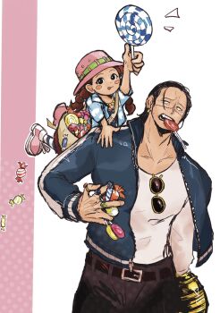 1boy 1girl black_hair blush_stickers brown_hair candy cloud_print crocodile_(one_piece) f4ylu food hair_slicked_back hat highres holding holding_candy holding_food holding_lollipop hook_hand jewelry lollipop miss_goldenweek necklace one_piece pink_hat ring shirt stitched_face stitches sunglasses twintails white_shirt