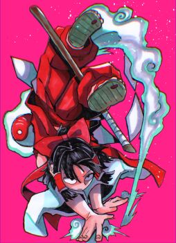 1girl black_eyes black_hair bow chromatic_aberration detached_sleeves dust_cloud full_body gohei hair_bow hair_tubes hakama hakama_pants hakurei_reimu handstand highres inuyama_konan japanese_clothes orb pants pink_background red_bow red_hakama red_shirt sandals shide shirt sidelocks simple_background sleeveless sleeveless_shirt solo touhou v-shaped_eyebrows yin_yang yin_yang_orb zouri