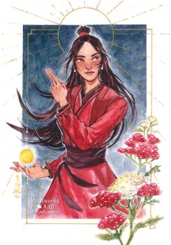 1girl alt_text belt black_hair blue_background border brown_eyes brown_hair chinese_clothes closed_mouth commentary commission cropped_torso earrings english_commentary flame_print flower gold golden_core hanfu hawberries holding holding_needle jewelry long_hair long_sleeves modao_zushi needle original painting_(medium) print_robe red_belt red_flower red_hanfu red_robe red_tunic robe sash signature solo standing sun sun_halo topknot traditional_media tunic upper_body watercolor_(medium) wen_qing white_border white_flower