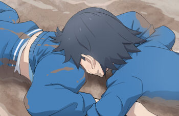 2girls between_legs black_hair covering_privates covering_crotch face_in_crotch gym_uniform haruyama_kazunori hodaka_natsumi houkago_teibou_nisshi mud multiple_girls navel short_hair tsurugi_hina