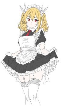 1girl absurdres apron arazand black_dress blonde_hair breasts closed_mouth commentary commission curtsey dress english_commentary expressionless garter_belt highres maid maid_headdress medium_hair necktie original partially_colored red_eyes red_necktie short_twintails simple_background small_breasts solo thighhighs twintails white_apron white_background