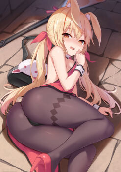 1girl animal_ear_fluff animal_ears ass black_panties black_pantyhose blonde_hair blush breasts brown_eyes cameltoe dress fake_animal_ears fake_tail from_behind hand_to_own_mouth high_heels highres legs little_witch_nobeta long_hair looking_at_viewer looking_back lying milkshakework nobeta nobeta_(bunny_skin) official_art on_side panties pantyhose rabbit_ears rabbit_tail red_dress red_shoes ribbon second-party_source shoes sideboob small_breasts solo tail thighs tights_day twintails underwear wrist_cuffs