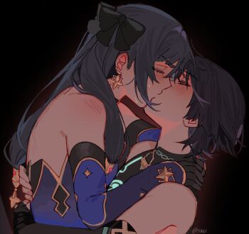 1boy 1girl armor artist_name artist_request assertive_female black_background black_bodysuit black_bow black_choker black_gloves black_hair blue_leotard blue_sleeves blunt_ends blush bodysuit bow bridal_gauntlets choker commission couple detached_sleeves earrings elbow_gloves eyelashes facing_another from_side gem genshin_impact gloves glowing_markings gold_earrings gold_trim grey_bridal_gauntlets grey_eyes hair_bow hair_intakes half-closed_eyes hand_on_another's_nape hands_on_another's_back hashtag-only_commentary hetero highres hug japanese_armor jewelry kiss kote kurokote leotard light_frown long_hair looking_at_another mandarin_collar mona_(genshin_impact) multicolored_hair ponytail_holder profile purple_hair purple_sleeves red_gemstone scaramouche_(genshin_impact) shoulder_blush sidelocks star_(symbol) star_earrings star_print strapless strapless_leotard streaked_hair sweat tsurime twintails twitter_username two-tone_sleeves wanderer_(genshin_impact)