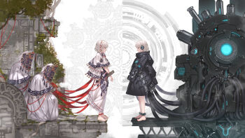 2girls 2others absurdres anklet barefoot belt black_vs_white blue_eyes bound bound_wrists contrast cuffs earphones earrings from_side highres jacket jewelry long_sleeves looking_at_another machine makai_no_juumin mask multiple_girls multiple_others original oversized_clothes polar_opposites poncho science_fiction shackles short_hair sleeves_past_wrists symmetry tube white_hair